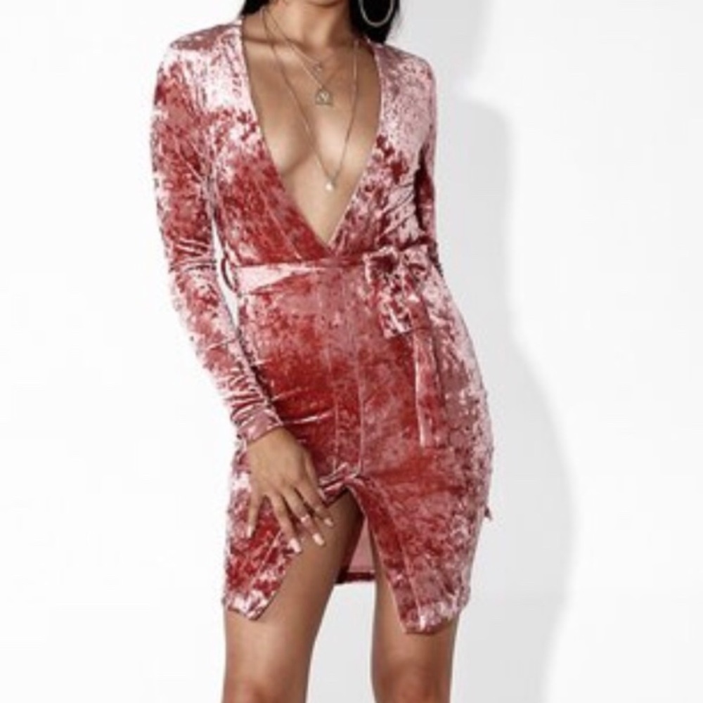 Suede pink, low V neck dress